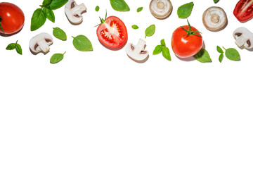 Mushrooms, tomato and basil isolated on white. Flatlay pattern on white background top view