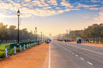 Sunset road to the Presidential Residance or Rashtrapati Bhavan, New Delhi, India