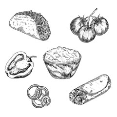 Drawing of Mexican cuisine. Vector illustration of traditional food. Tacos, burritos, tomatoes, onions. A set drawn by hand. Sketch for restaurant menu, label, banner