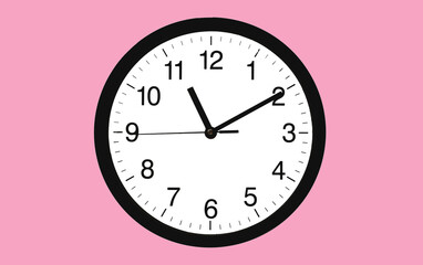 black and white analog clock pink background at Eleven o'clock ten minutes