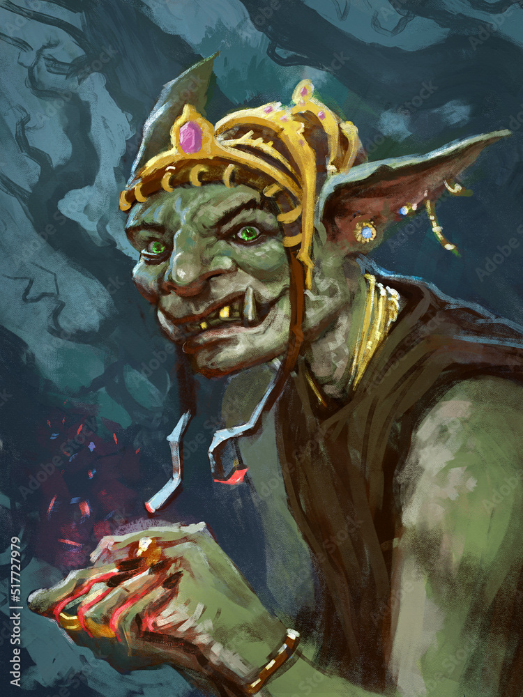 Poster digital painting of a greedy goblin character with golden jewelery and a secret glowing red object i - Posters