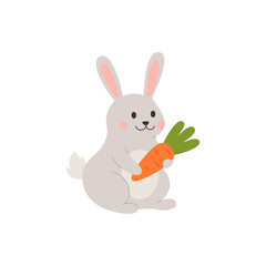 Cute gray rabbit with carrot cartoon style, vector illustration