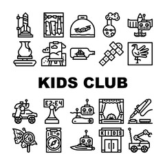 Kids Club Hobby Funny Occupation Icons Set Vector. Street Games And Sport Tourism, Theatrical And Chemistry Children Club, Air Simulation And Radio Controlled Car Sections Black Contour Illustrations