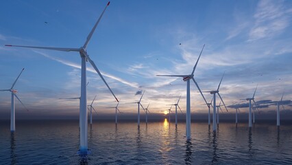 8k Ultra HD 7640x4320. Ocean Wind Farm. Windmill farm in the ocean. Offshore wind turbines in the sea. Wind turbine from aerial view, 3d rendering.