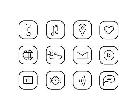 A set of doodle icons for the function of a gadget, phone or smartwatch.
