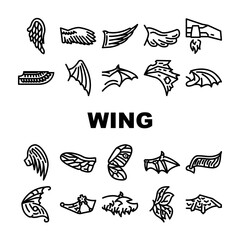 Wing Fly Animal, Bird And Insect Icons Set Vector. Butterfly And Cupid, Angel And Elf, Dragon And Gargoyle Or Vampire Wing. Flying Iron And Techno Accessory For Flying Black Contour Illustrations