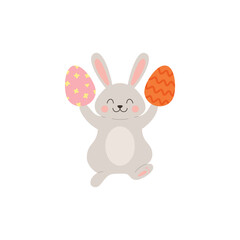 Obraz premium Cute smiling rabbit jumps with colored eggs in paws flat style