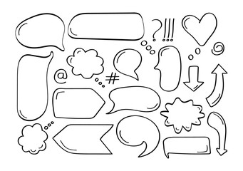 Comic speech bubbles set vector in hand drawn style. Comic sketch explosions on a white background. Empty speech balloons in line style.