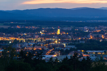 Panoramic view to city Ceske Budejovice at night. Czech republic city