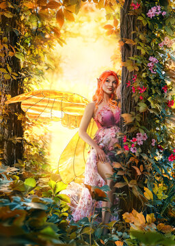 Portrait fantasy pregnant woman faerie with butterfly wings. Girl fairy tale angel hides behind tree, green yellow leaves deep forest sun light. Pink dress design red orange color hair pointy elf ears