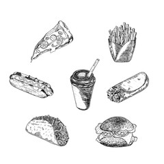 Vector set of fast food. A vector illustration in the style of a sketch, drawn by hand.