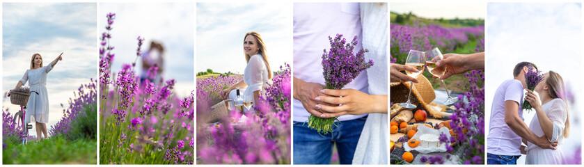 Woman and man together in a lavender field collage. Selective focus.