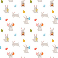 Easter bunny seamless pattern, cartoon flat vector illustration on white background.