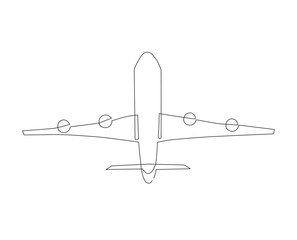 Continuous line drawing of airplane. Single one line art concept of plane from the bottom.