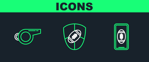 Set line Smartphone with american football ball on the screen, Whistle and American Football and shield icon. Vector