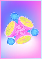 Colorful psychedelic abstract poster with citrus fruit, dimonds and gradient background. Contemporary Art. Blue, yellow and pink colors. Vector illustration