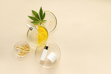Skin care cosmetics with CBD oil and cannabis in a white mock-up package
