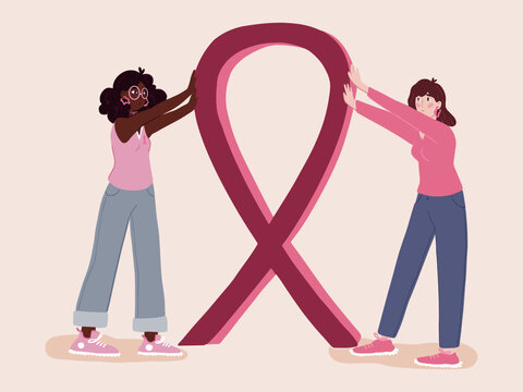 Breast cancer awareness month  different ethnic women group holding a pink ribbon, with pink support ribbon concept, cartoon character for disease prevention campaign, flat vector illustration