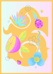 Colorful psychedelic poster with citrus fruit, flowers, ladybug and yellow abstract background blot. Contemporary Art. Warm and summer mood. Vector illustration