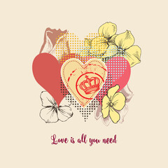 Fototapeta premium Love card, flowers and decorative heart shapes design