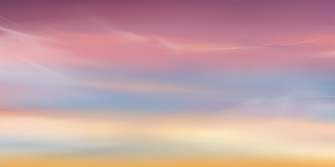 Sunrise in Morning with Orange,Yellow, Pink, purple sky, Dramatic twilight landscape with Sunset in evening,Vector horizon of romantic Sky banner sunlight,Rainbow unicorn fantasy background © Anchalee
