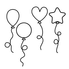 Bunch Balloon cartoon black line set. Outline helium air balloons bunches and groups icon party collection. Birthday or valentines day.