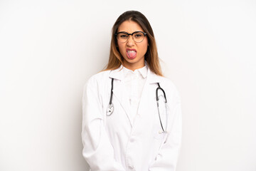 asian young woman feeling disgusted and irritated and tongue out. doctor concept