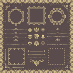 Vintage set of vector horizontal, square and round elements. Elements for backgrounds, frames. Classic brown and golden patterns. Set of vintage patterns
