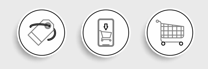 Set line Shopping cart, Blank label template price tag and Mobile phone and shopping icon. Vector