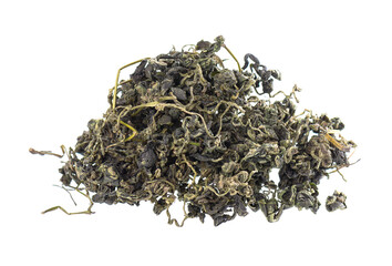 Dry gynostemma pentaphyllum leaf isolated on white blackground. Jiaogulan or Miracle grass. Chinese herbal tea.