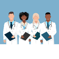 Fototapeta premium Friendly doctors. Thank you doctors and nurses for helping and saving lives. Medicine and health. Vector illustration horizontal in flat style on abstract background