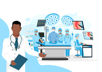 The doctor shows a modern operating room. Medical equipment for surgical operations. Thank you doctors and nurses. Vector illustration isolated on white background.