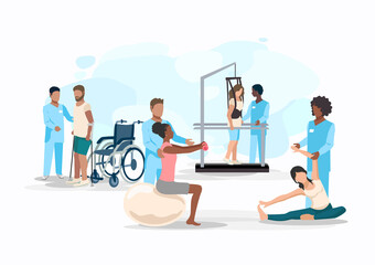 The patient undergoes orthopedic rehabilitation in a rehabilitation center. Physiotherapy. Restoring health after illness and injury. Flat vector illustration.