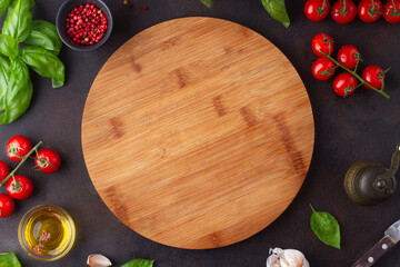 Mockup with wooden board and ingredients, top view