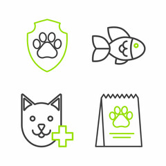 Set line Bag of food for dog, Veterinary clinic symbol, Fish and Animal health insurance icon. Vector