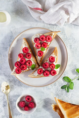 Crostini with cheese and raspberries, top view, vertical frame