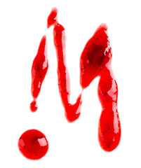 Strawberry jam drizzle isolated on white background. Splashes of berry confiture. Top view.