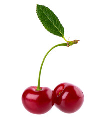 Cherry isolated on white background. Red ripe berry of sweet cherry. Clipping path.