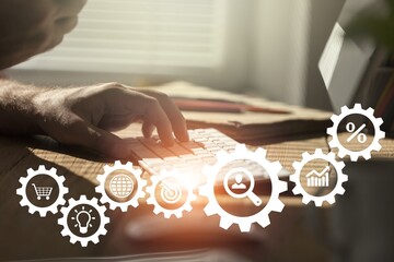 Customer behavior and journey analysis. Customer research. Person working on computer with icons, expectation for marketing plan and strategies.