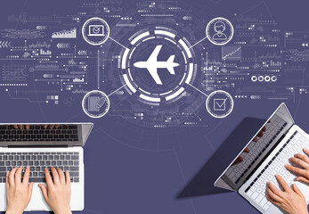 Flight ticket booking concept with people working together