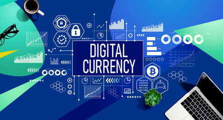 Digital currency theme with laptop computer