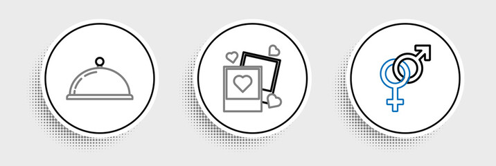 Set line Gender, Covered with a tray of food and Two blanks photo frames and hearts icon. Vector