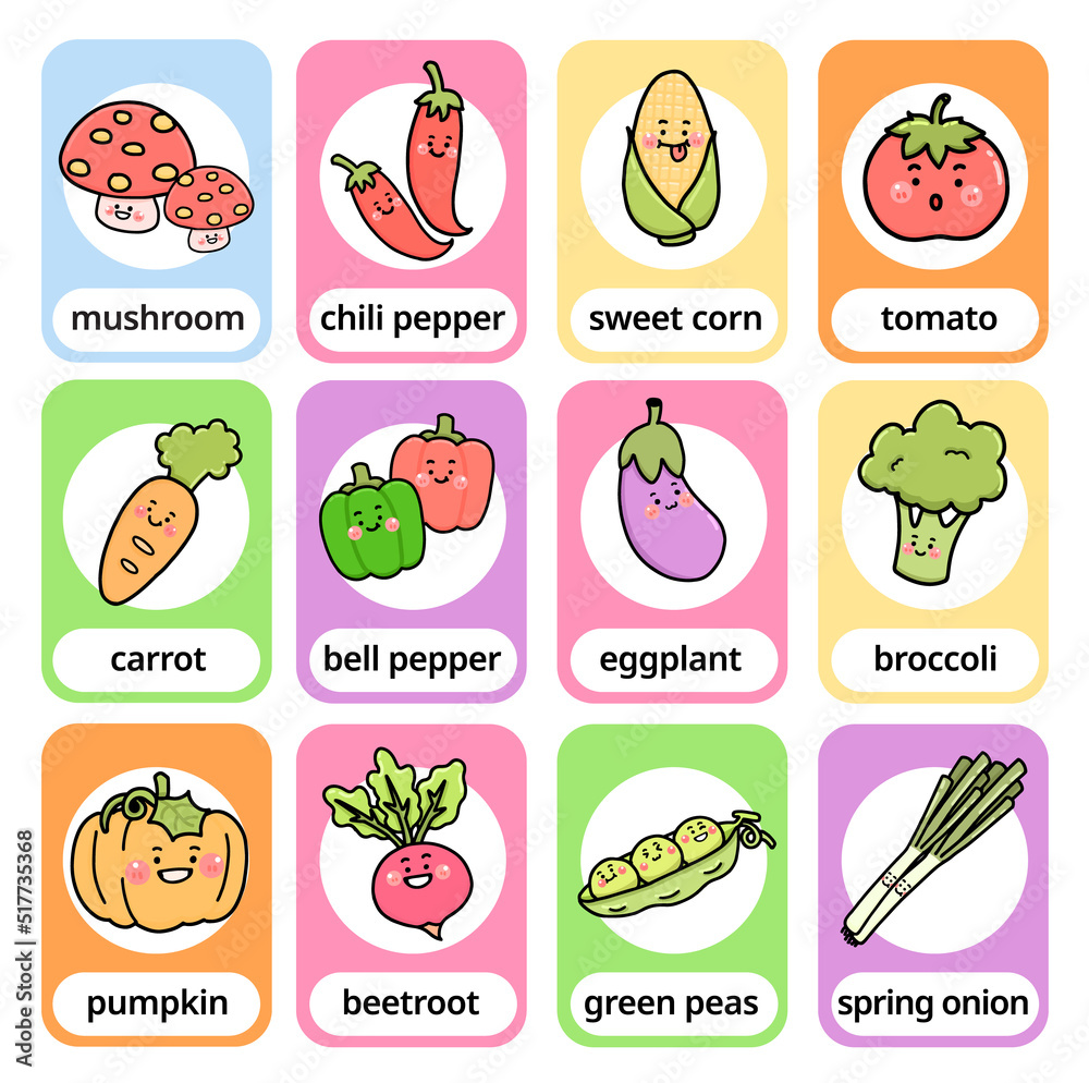 Wall mural set vegetable cartoon character english vocabulary fast card for kids, flat illustration vector desi