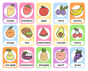 set fruit cartoon character fast vocabulary fast card, flat illustration vector design