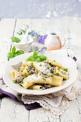 Traditional Italian mezzi occhi di lupo pasta with minced meat and parmesan served as top view on a white design plate