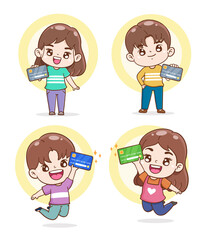 character cartoon holding credit card , shopping with credit card, financial and money concept, flat illustration