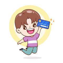 character cartoon holding credit card , shopping with credit card, financial and money concept, flat illustration