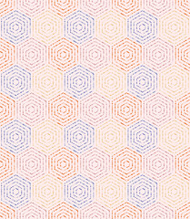 Geometric repeating vector ornament with hexagonal dotted colored elements. Geometric modern ornament. Seamless abstract modern pattern