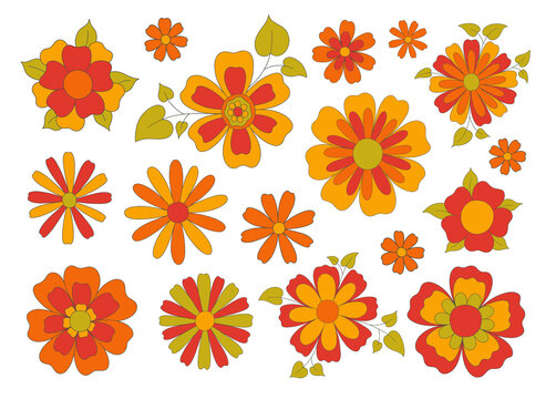 Hippie funky vibe style flower set. Vintage 1960-1970.All element are isolated. Hippy retro background. Symbol retro print