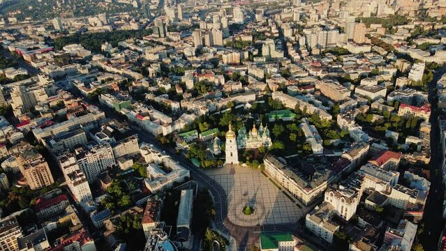 Aerial Cityscape of morning Kyiv. Saint Sophia's Cathedral and Monument of Bogdan Khmelnitsky. Historical and religious architecture in baroque style.
